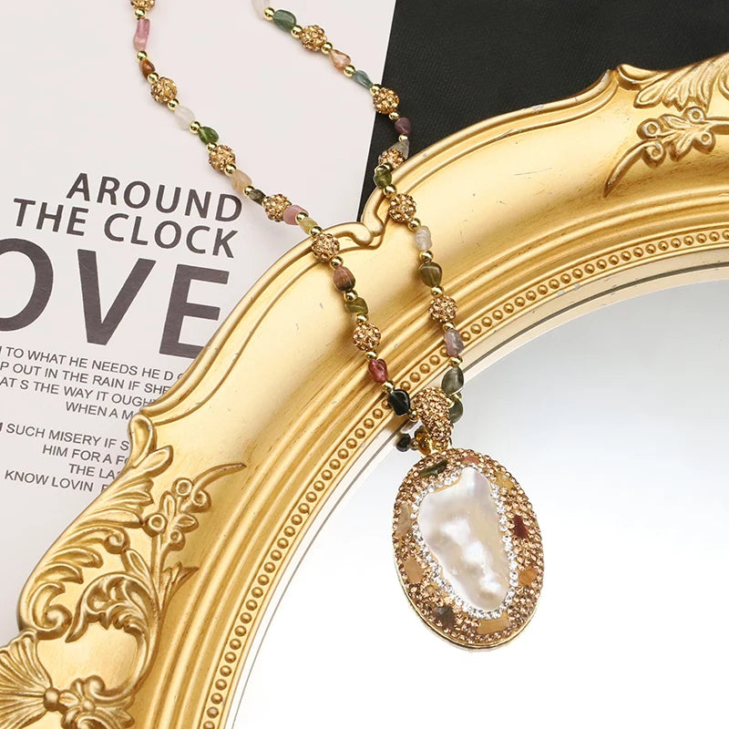 GLSEEVO Natural Freshwater Baroque Pearl Edged Zircon Necklace Korean Style Women Luxury Jewelry Fashion Ladies and Girls Gift