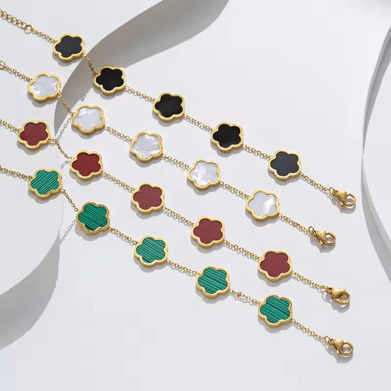 High Quality Stainless Steel 5 Flower Clover Jewelry Set Women Gold Plated White Shell Trendy Wedding Party Bracelet Necklace