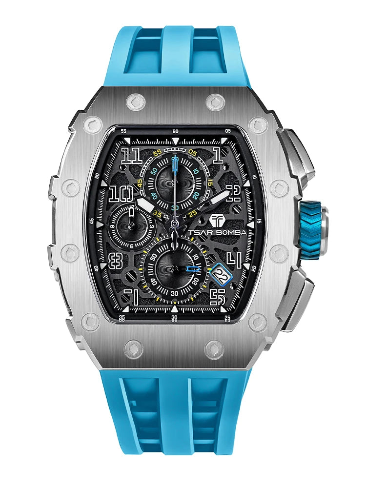 TSAR BOMBA Men's Luxury Fashion Tonneau Stainless Steel Case Silicone Band Analog Wristwatch Seiko Movement 5BAR Water Resistant