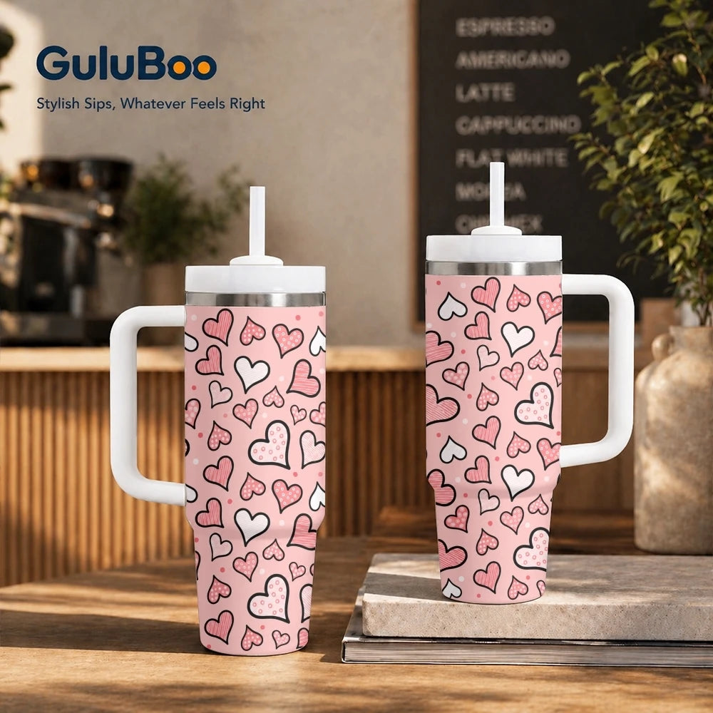 Gobelet isotherme en acier inoxydable de 40 oz avec poignée et paille, motif cœurs pastel, anti-fuite, pour voyage