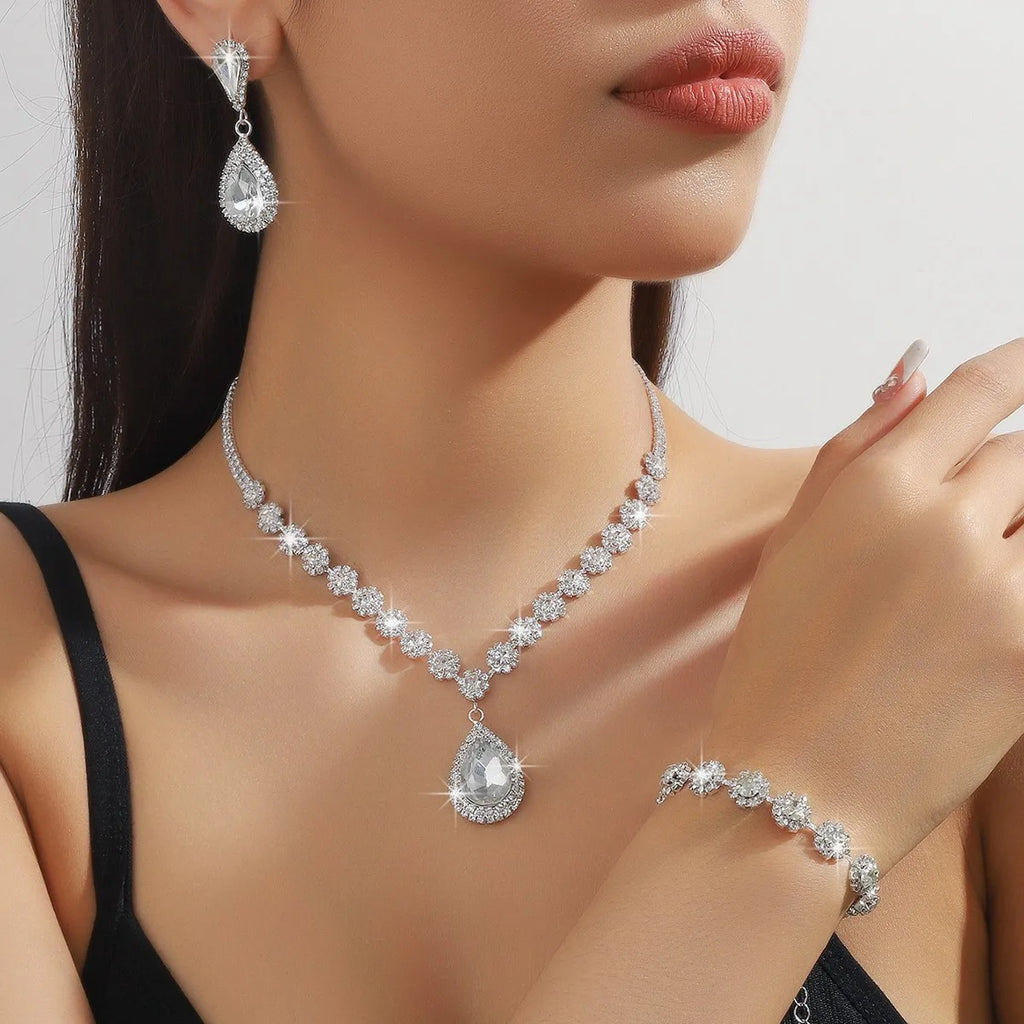 4PC femmes mode goutte d'eau fleur collier boucles d'oreilles Bracelet ensemble de bijoux fête de mariage Festival cadeau-8065