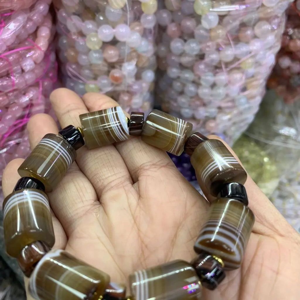Bracelet pour homme en perles d'agate naturelle enveloppées de soie, style ethnique, avec perles en forme de seau, fait main, Passepartout