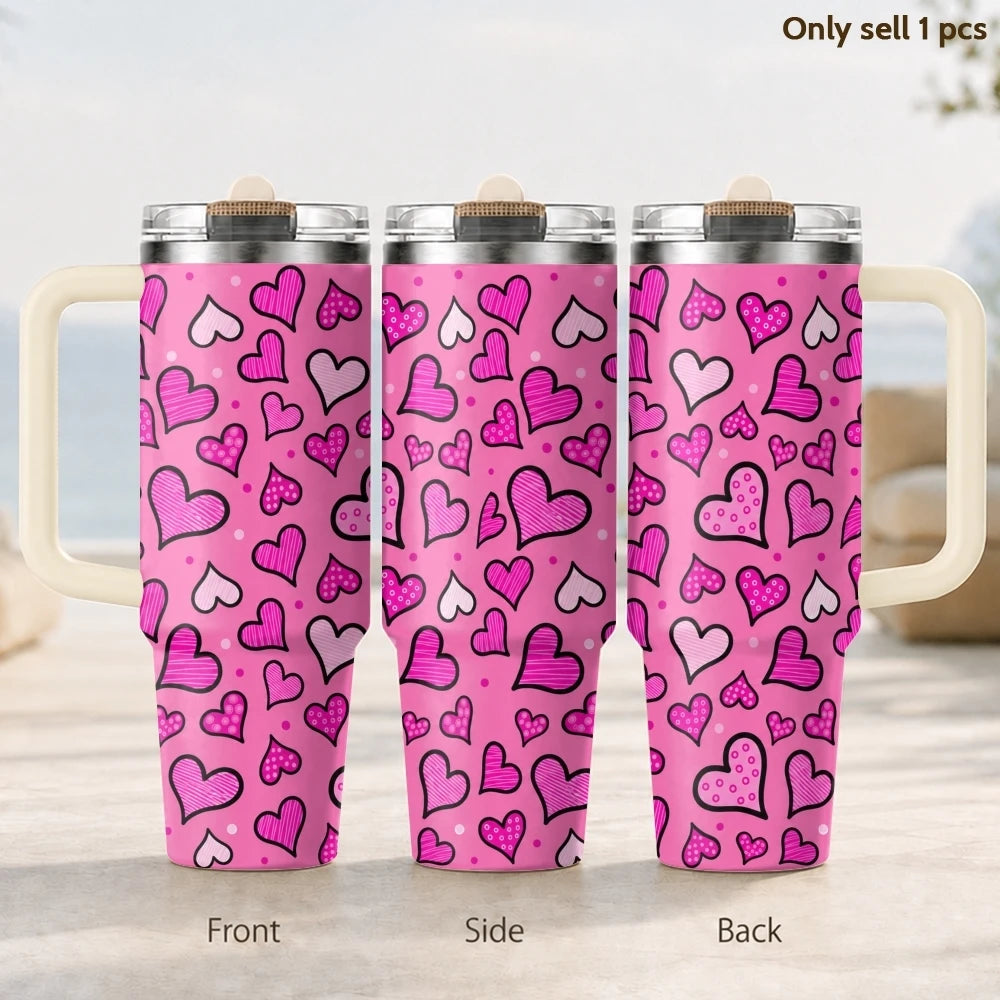 Gobelet isotherme en acier inoxydable de 40 oz, 3ème génération, avec motifs cœurs pastel, poignée et couvercle à paille, idéal pour les cadeaux