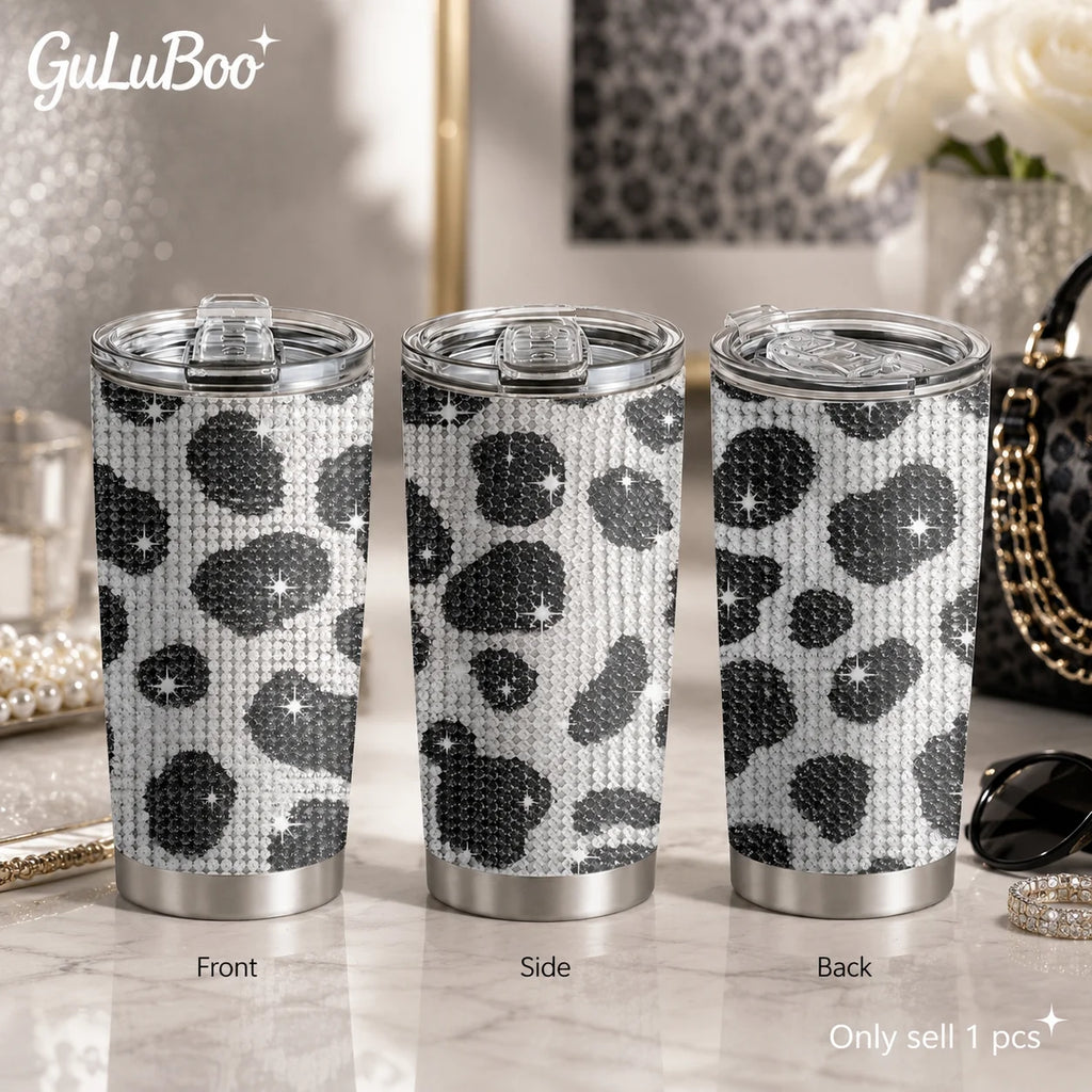 Tasse à café isotherme en acier inoxydable de 20 oz avec motif léopard et cœur en strass, 2 couvercles et paille réutilisable