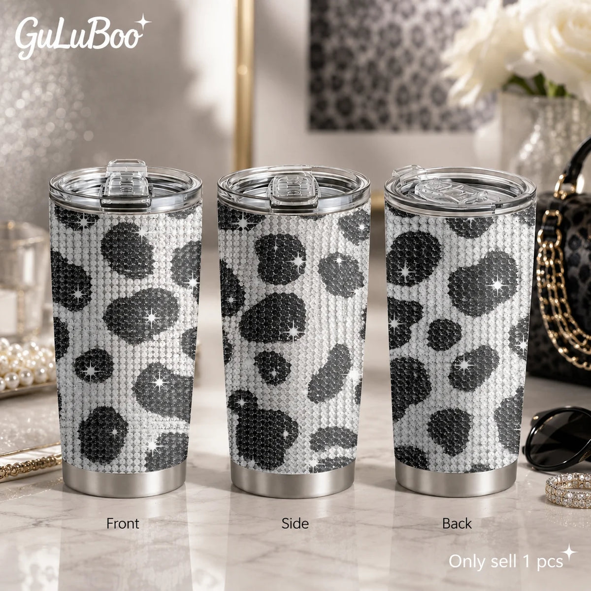 Tasse à café isotherme en acier inoxydable de 20 oz avec motif léopard et cœur en strass, 2 couvercles et paille réutilisable