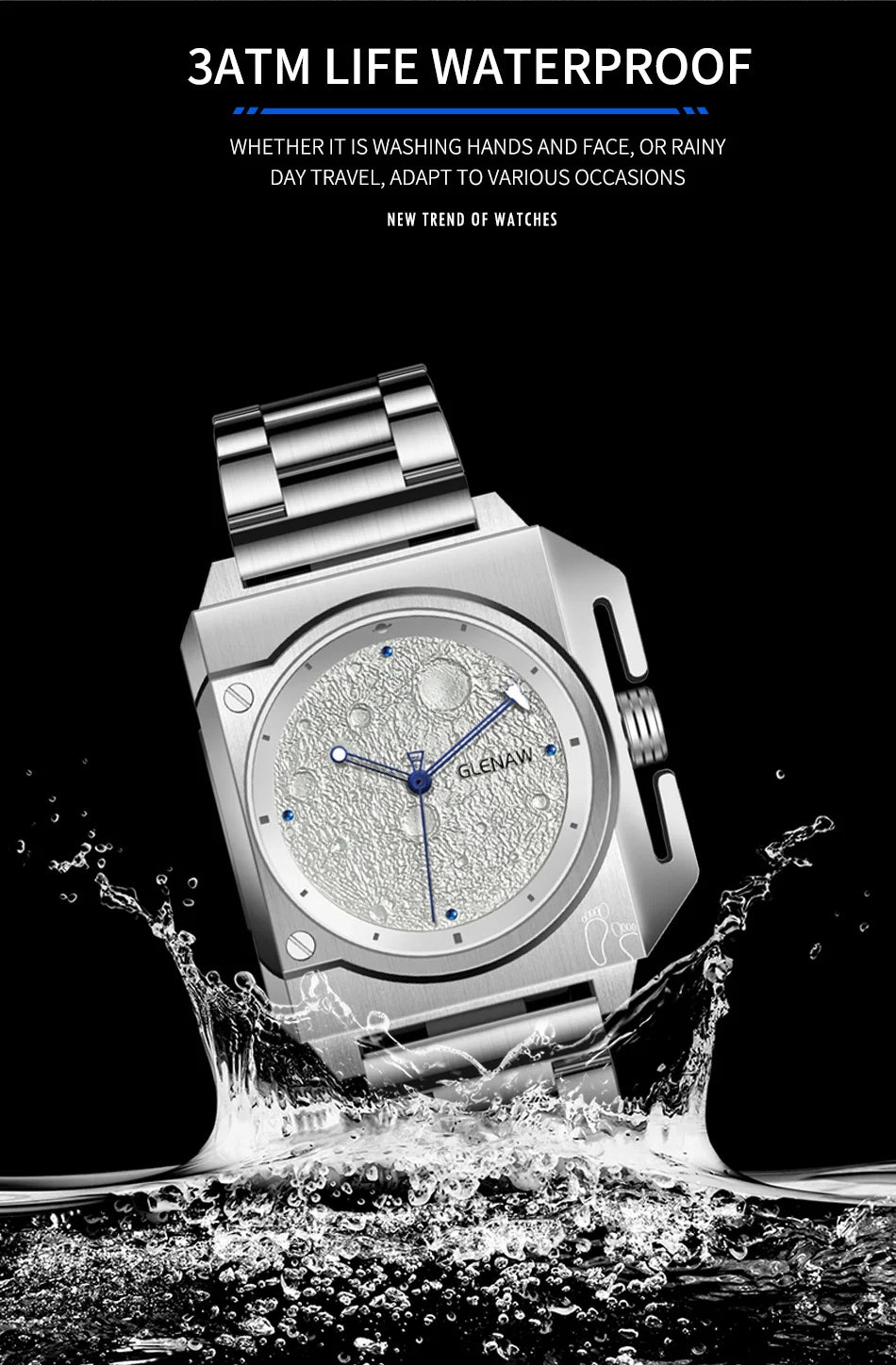 Montre Homme GLENAW Design de marque originale Montre mécanique cadran de lune pointeur de vaisseau spatial lumineux Montre en acier inoxydable pour hommes