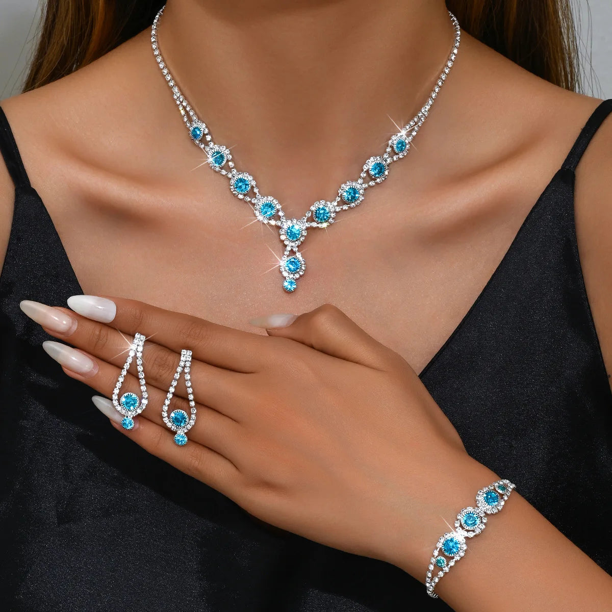 KMVEXO-Ensemble de bijoux en biscuits brillants pour femmes, collier, boucles d'oreilles, bracelet, patients de mariage, tour de cou en cristal, accessoires de banquet