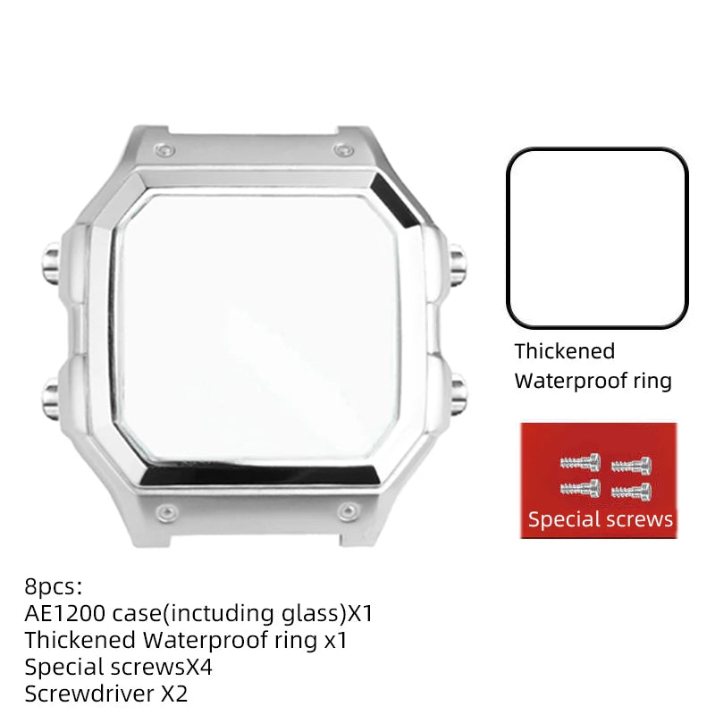 18mm AE1200 Bracelet en acier inoxydable Bracelet qualité boîtier en acier lunette argent noir or boîtier en métal HD verre AE-1200 1300 Mod kit