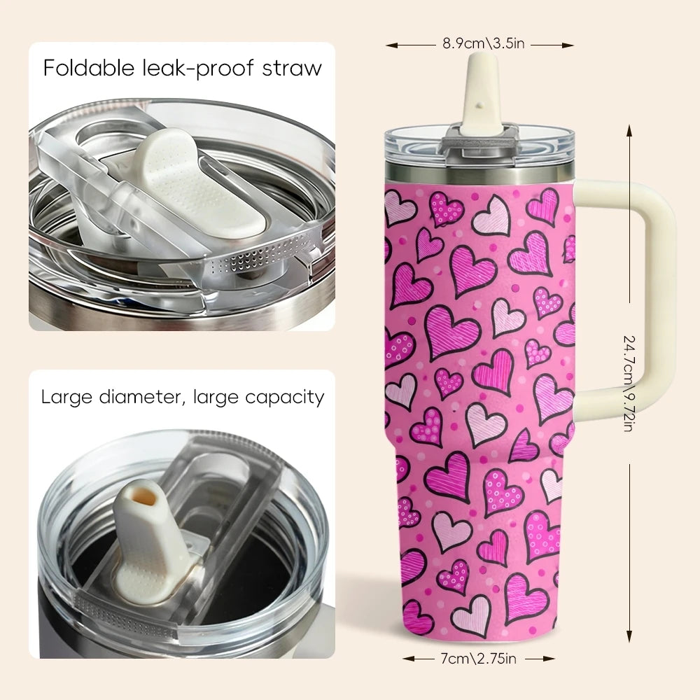 Gobelet isotherme en acier inoxydable de 40 oz, 3ème génération, avec motifs cœurs pastel, poignée et couvercle à paille, idéal pour les cadeaux