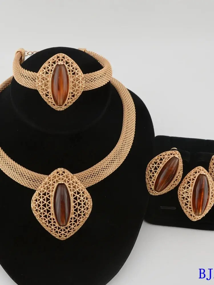 Parure de bijoux africaine en alliage de fer durable, 4 pièces, plaqué or, pour mariée, collier, boucles d'oreilles, bague, bracelet