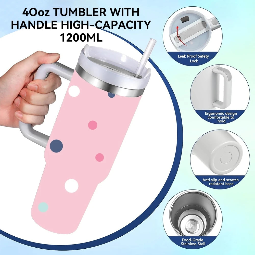 Gobelet isotherme en acier inoxydable 40oz à motif pois, avec poignée et paille, anti-fuite, pour voyage