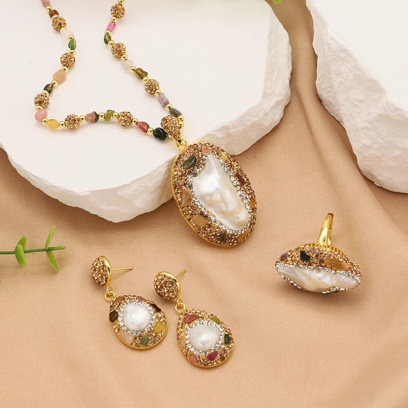 Bijoux en perles naturelles baroques pour femmes, collier, Bracelet, boucle d'oreille, bague, ensembles élégants pour femmes, ensemble de luxe pour femmes, cadeaux