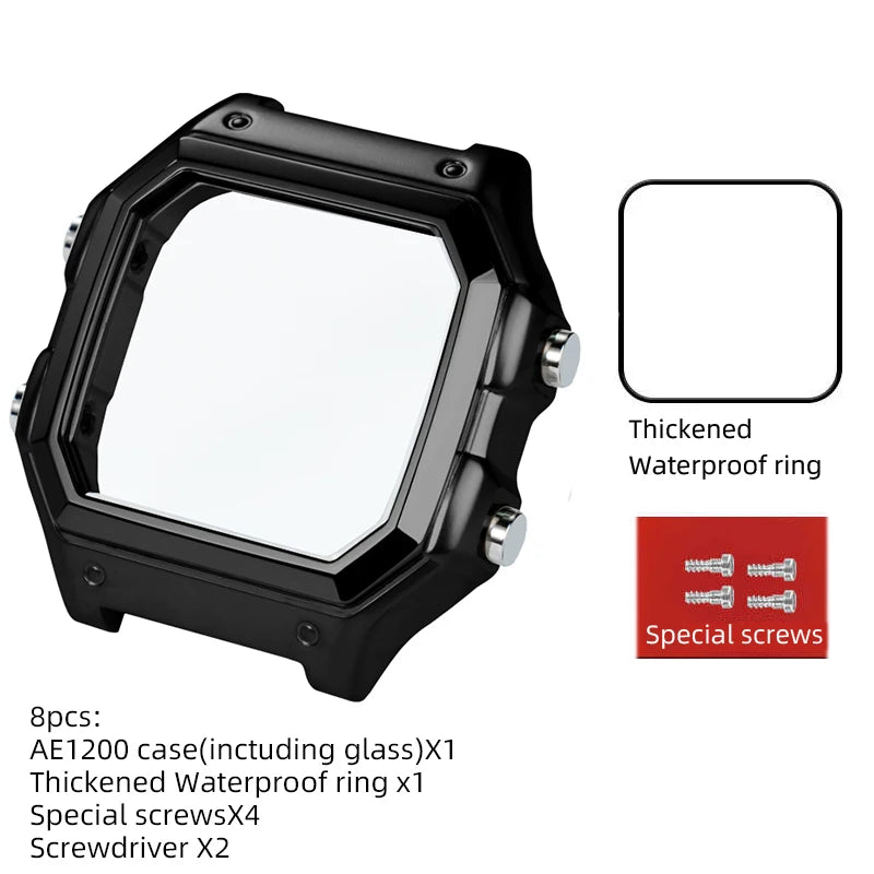 18mm AE1200 Bracelet en acier inoxydable Bracelet qualité boîtier en acier lunette argent noir or boîtier en métal HD verre AE-1200 1300 Mod kit