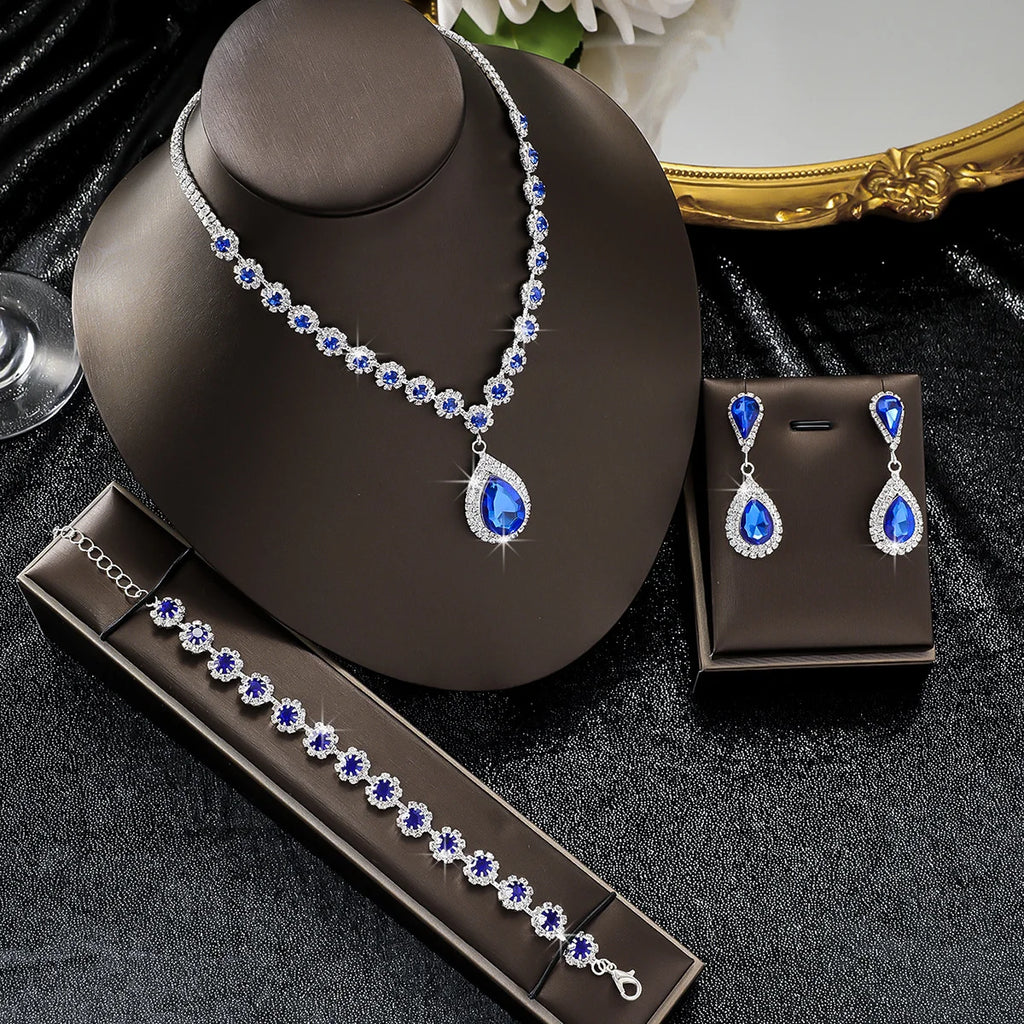 4PC femmes mode goutte d'eau fleur collier boucles d'oreilles Bracelet ensemble de bijoux fête de mariage Festival cadeau-8065