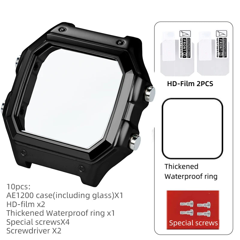 18mm AE1200 Bracelet en acier inoxydable Bracelet qualité boîtier en acier lunette argent noir or boîtier en métal HD verre AE-1200 1300 Mod kit