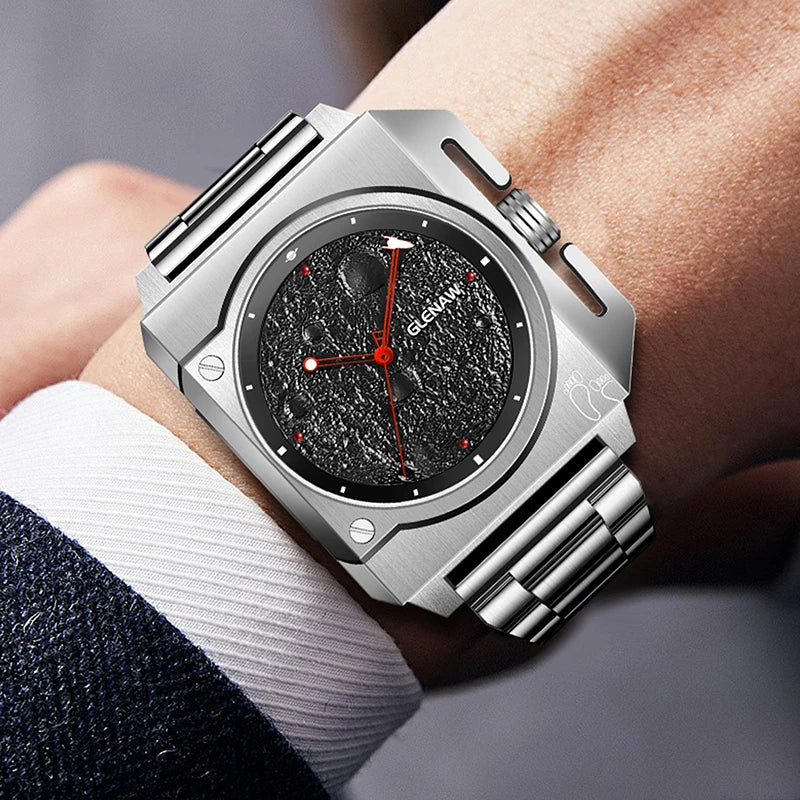 Montre Homme GLENAW Design de marque originale Montre mécanique cadran de lune pointeur de vaisseau spatial lumineux Montre en acier inoxydable pour hommes