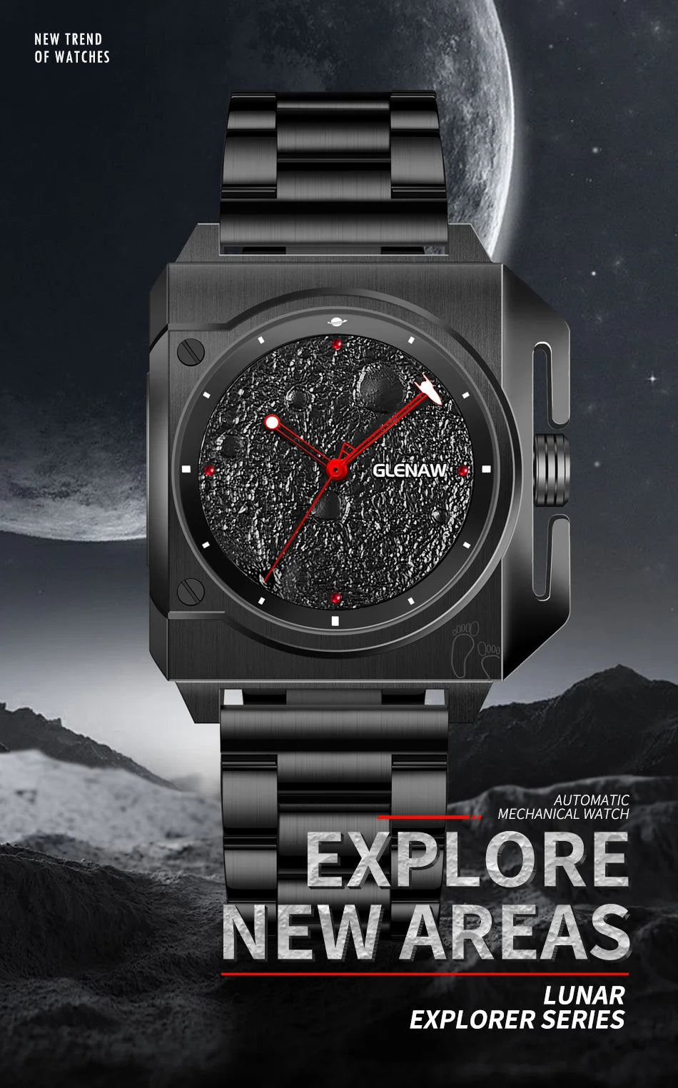 Montre Homme GLENAW Design de marque originale Montre mécanique cadran de lune pointeur de vaisseau spatial lumineux Montre en acier inoxydable pour hommes