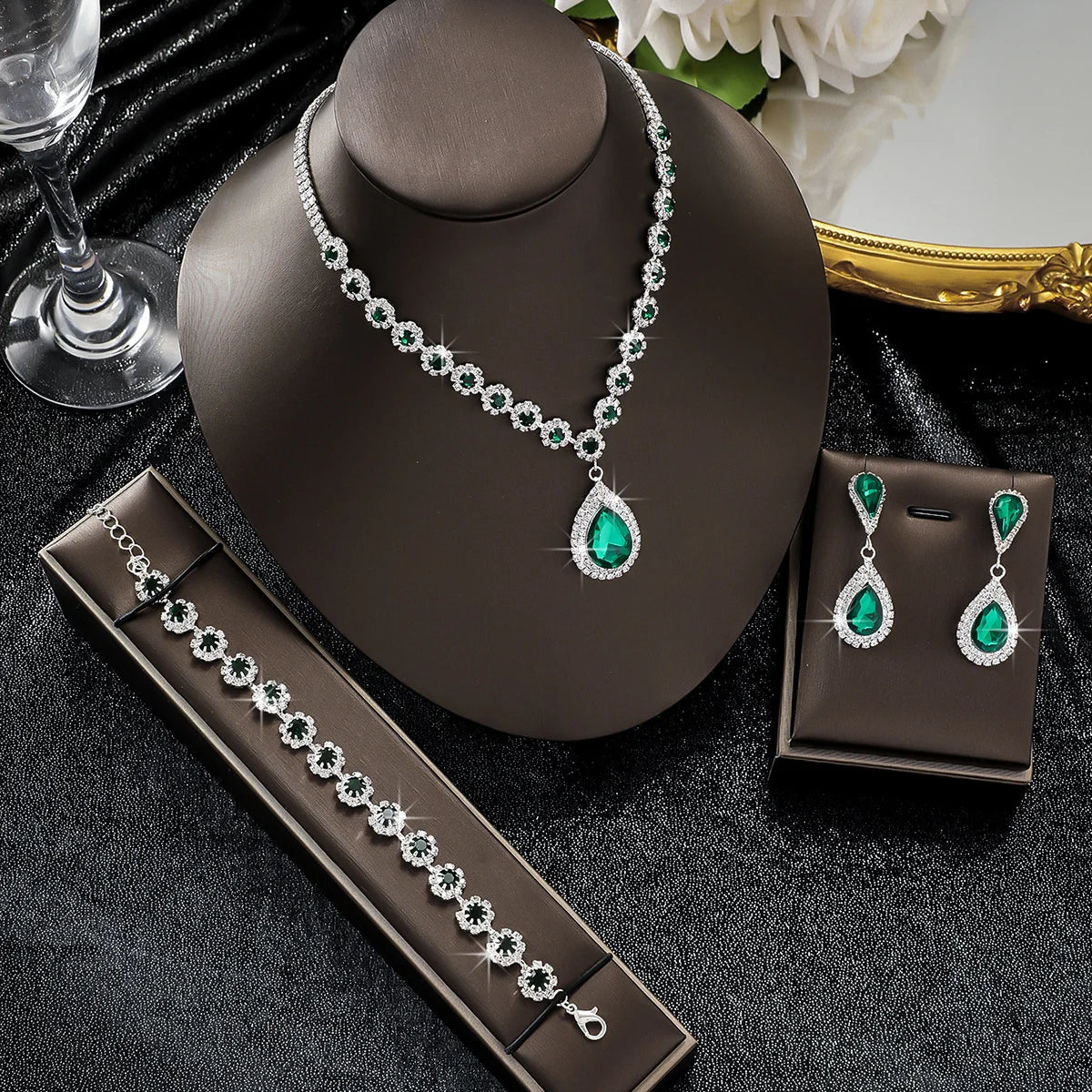 4PC femmes mode goutte d'eau fleur collier boucles d'oreilles Bracelet ensemble de bijoux fête de mariage Festival cadeau-8065