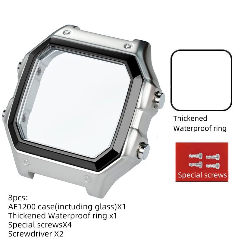 18mm AE1200 Bracelet en acier inoxydable Bracelet qualité boîtier en acier lunette argent noir or boîtier en métal HD verre AE-1200 1300 Mod kit