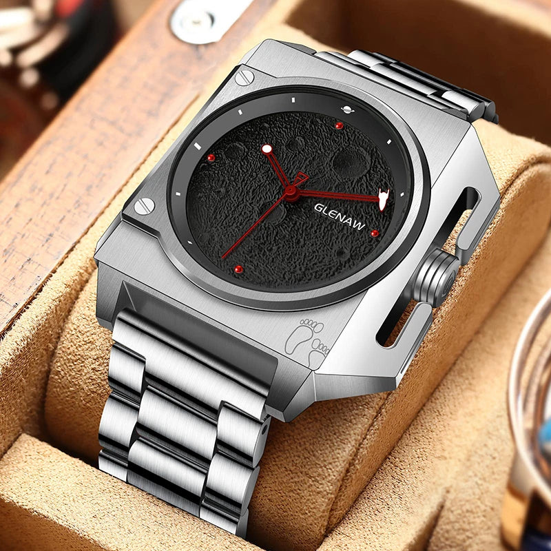 Montre Homme GLENAW Design de marque originale Montre mécanique cadran de lune pointeur de vaisseau spatial lumineux Montre en acier inoxydable pour hommes