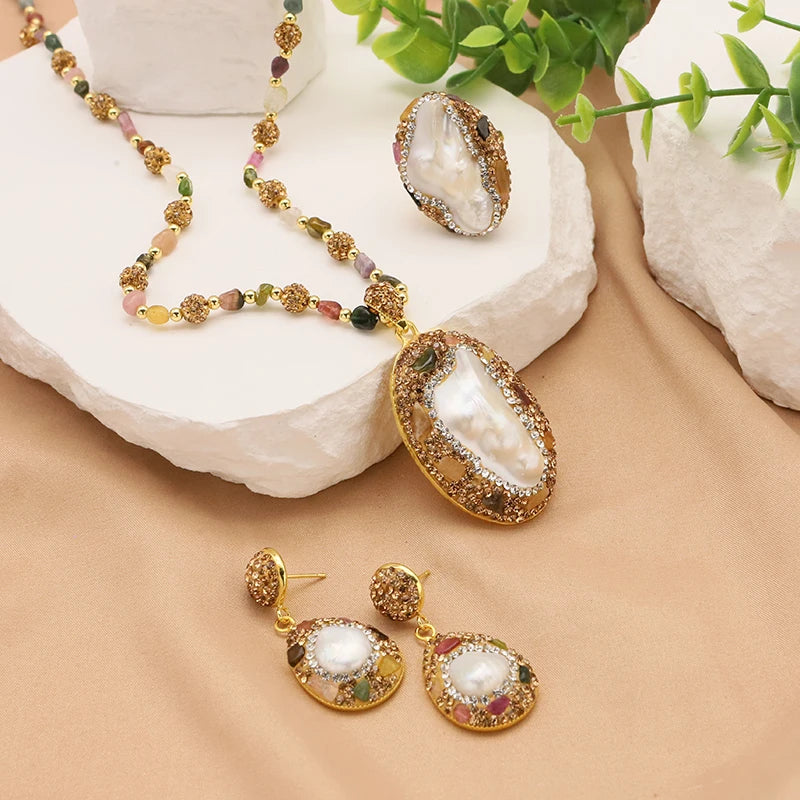 Bijoux en perles naturelles baroques pour femmes, collier, Bracelet, boucle d'oreille, bague, ensembles élégants pour femmes, ensemble de luxe pour femmes, cadeaux