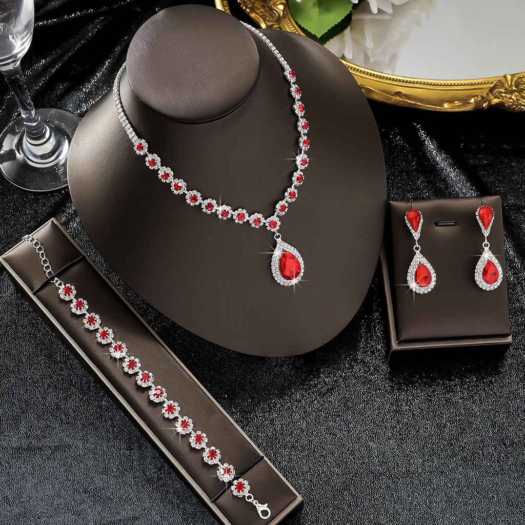 4PC femmes mode goutte d'eau fleur collier boucles d'oreilles Bracelet ensemble de bijoux fête de mariage Festival cadeau-8065