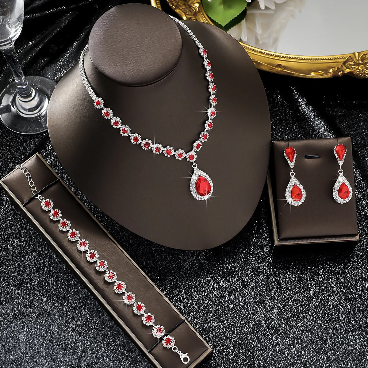 4PC femmes mode goutte d'eau fleur collier boucles d'oreilles Bracelet ensemble de bijoux fête de mariage Festival cadeau-8065