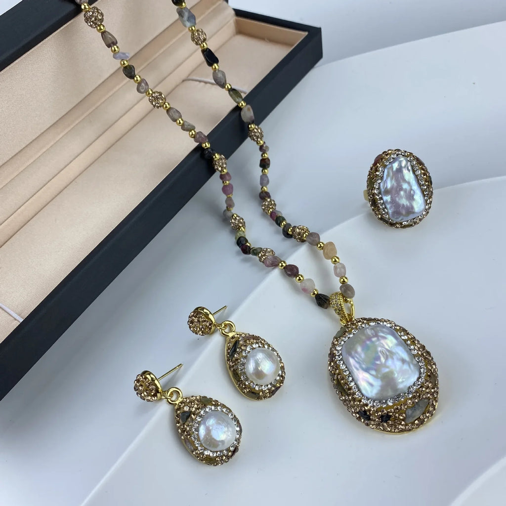 Ensemble de bijoux en perles d'eau douce, nouveau Design, strass et pierres précieuses brutes, grandes perles d'eau douce, collier et boucles d'oreilles, en forme d'écorce