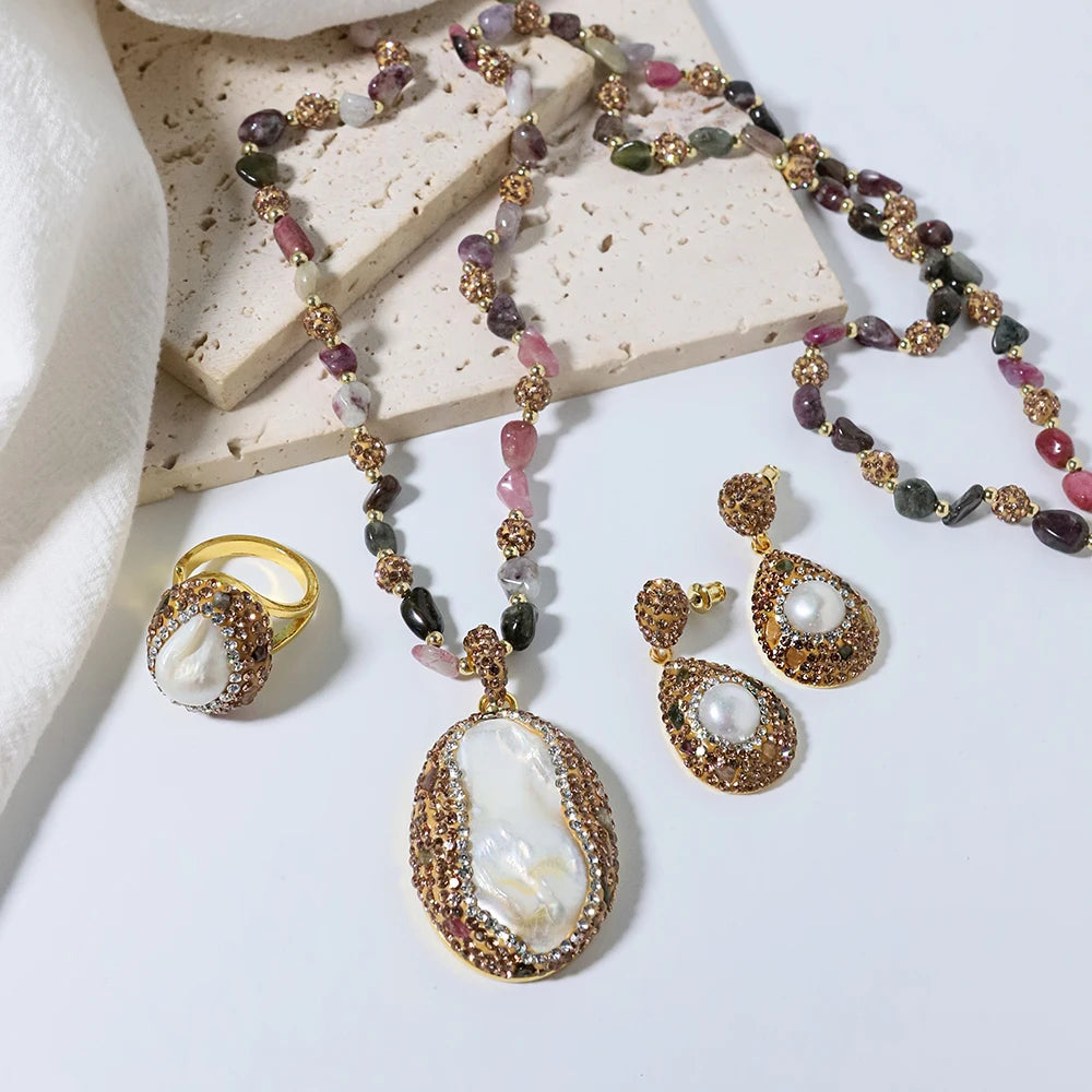 Bijoux en perles naturelles baroques pour femmes, collier, Bracelet, boucle d'oreille, bague, ensembles élégants pour femmes, ensemble de luxe pour femmes, cadeaux