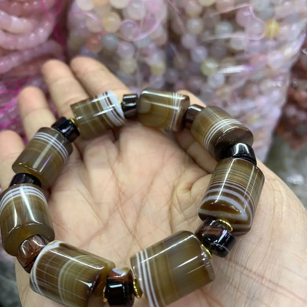 Bracelet pour homme en perles d'agate naturelle enveloppées de soie, style ethnique, avec perles en forme de seau, fait main, Passepartout