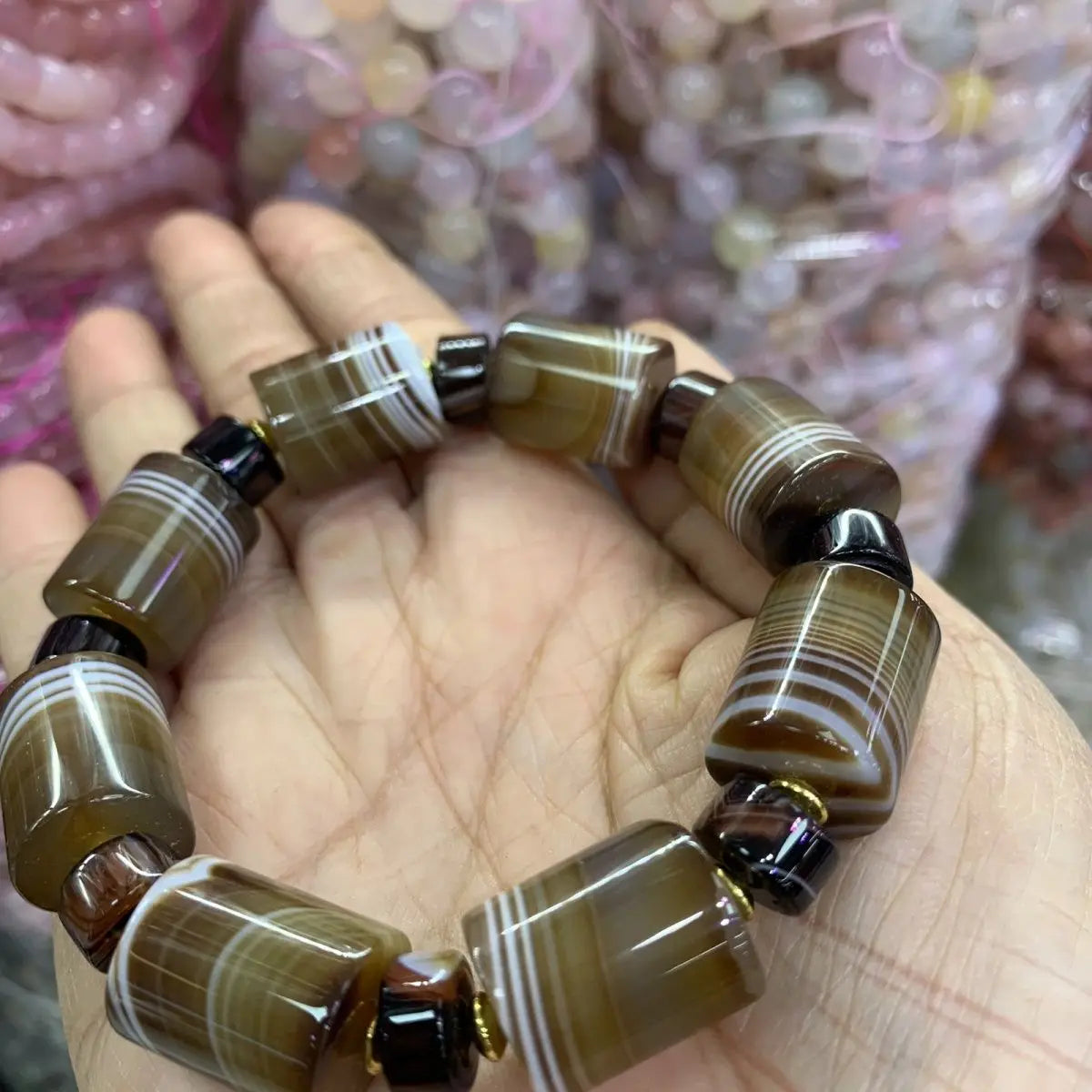 Bracelet pour homme en perles d'agate naturelle enveloppées de soie, style ethnique, avec perles en forme de seau, fait main, Passepartout