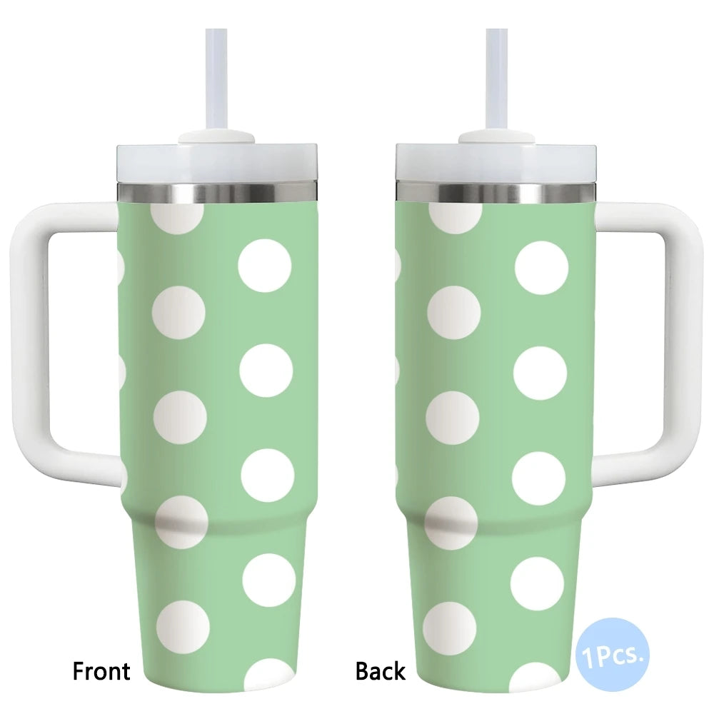 Gobelet isotherme en acier inoxydable 40oz à motif pois, avec poignée et paille, anti-fuite, pour voyage
