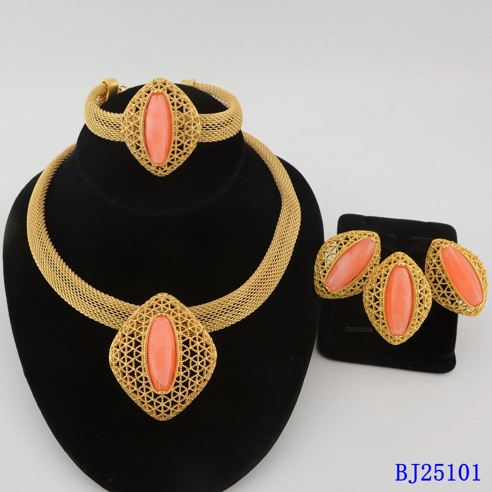Parure de bijoux africaine en alliage de fer durable, 4 pièces, plaqué or, pour mariée, collier, boucles d'oreilles, bague, bracelet