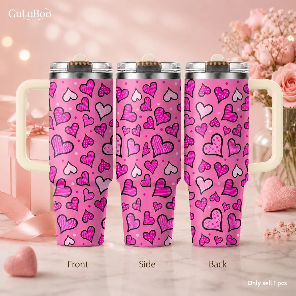 Gobelet isotherme en acier inoxydable de 40 oz, 3ème génération, avec motifs cœurs pastel, poignée et couvercle à paille, idéal pour les cadeaux