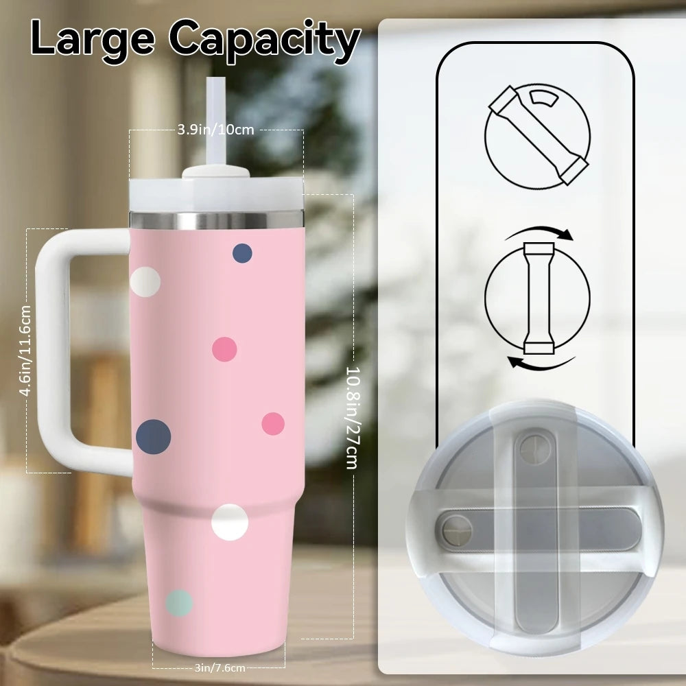 Gobelet isotherme en acier inoxydable 40oz à motif pois, avec poignée et paille, anti-fuite, pour voyage