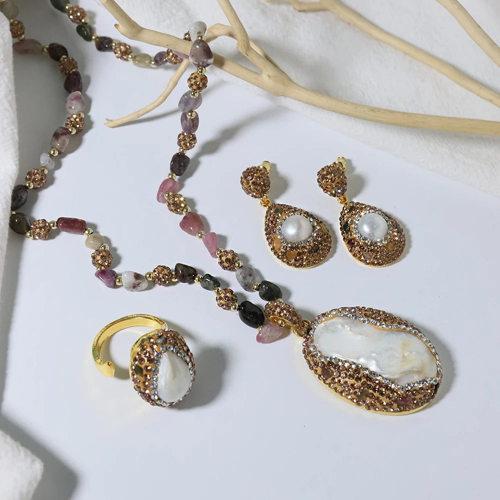Bijoux en perles naturelles baroques pour femmes, collier, Bracelet, boucle d'oreille, bague, ensembles élégants pour femmes, ensemble de luxe pour femmes, cadeaux