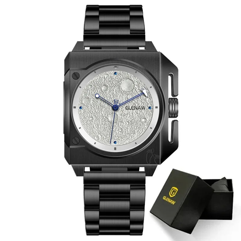 Montre Homme GLENAW Design de marque originale Montre mécanique cadran de lune pointeur de vaisseau spatial lumineux Montre en acier inoxydable pour hommes