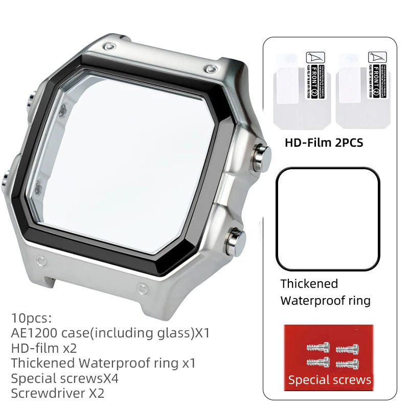 18mm AE1200 Bracelet en acier inoxydable Bracelet qualité boîtier en acier lunette argent noir or boîtier en métal HD verre AE-1200 1300 Mod kit