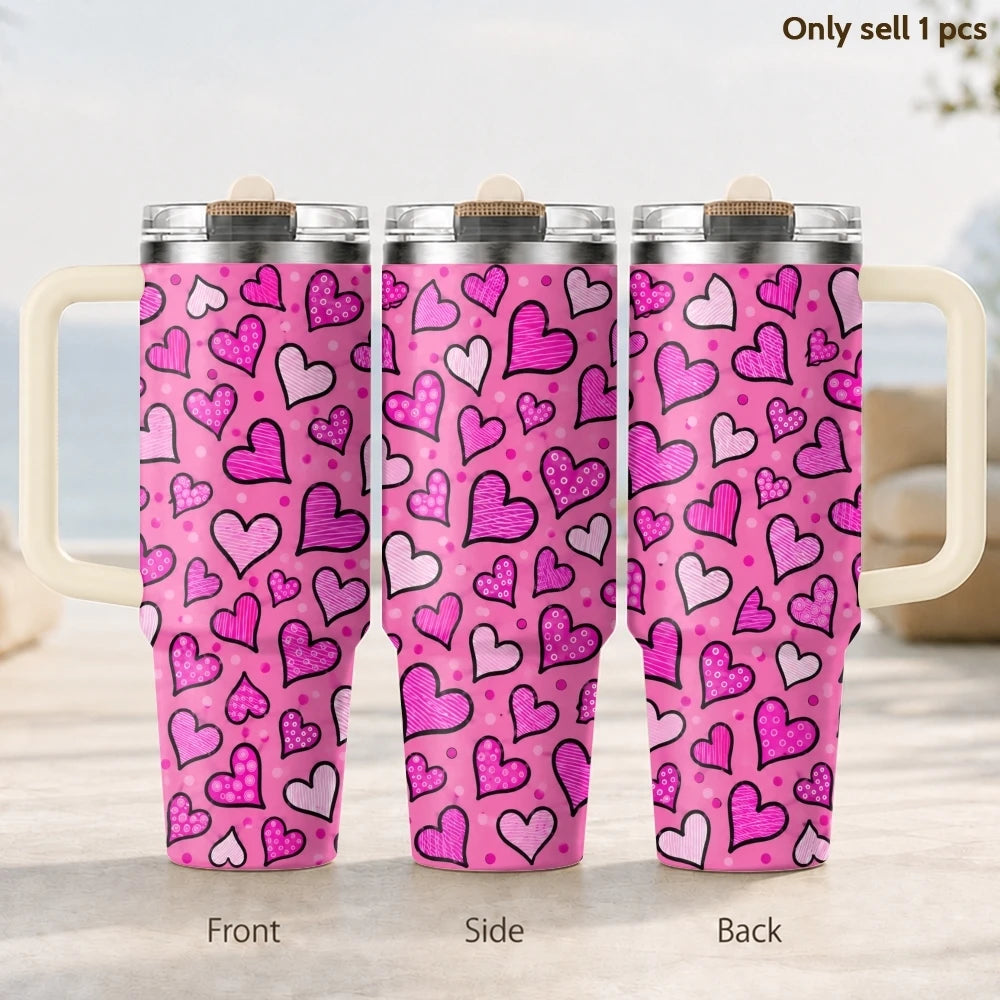 Gobelet isotherme en acier inoxydable de 40 oz, 3ème génération, avec motifs cœurs pastel, poignée et couvercle à paille, idéal pour les cadeaux