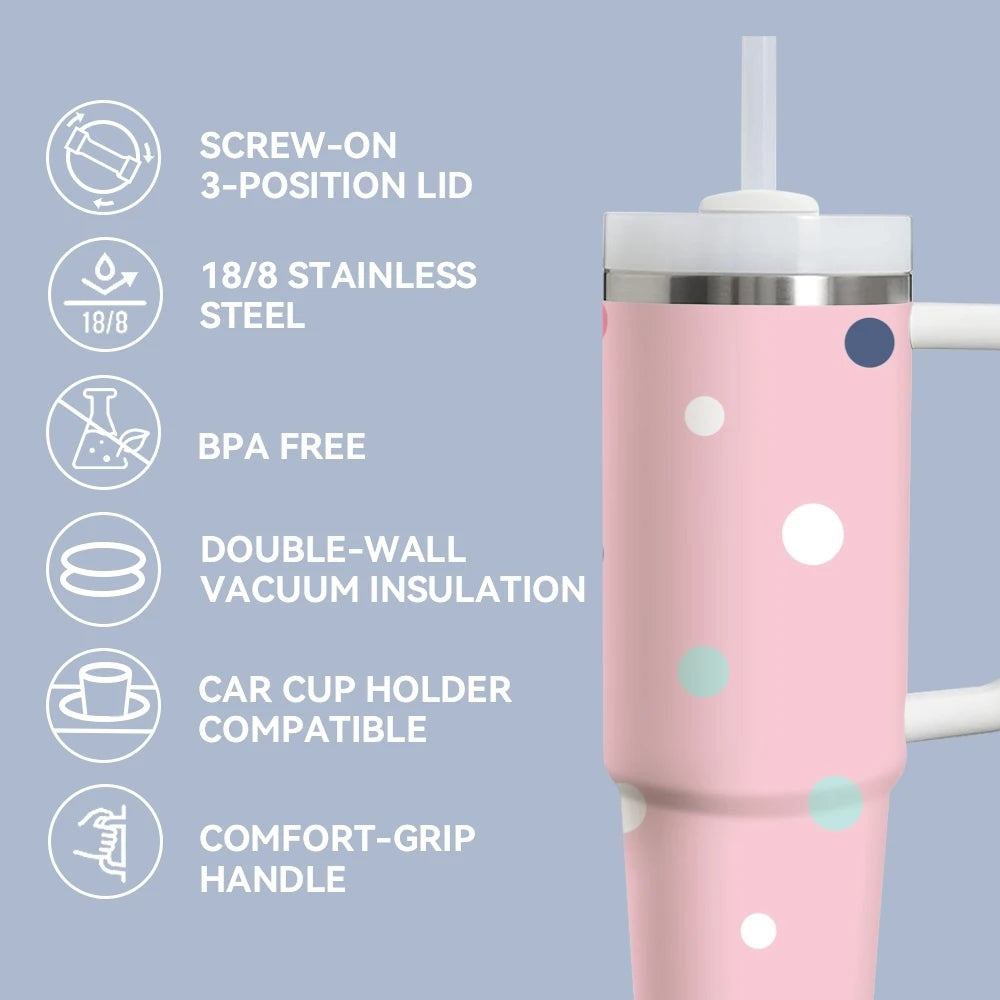 Gobelet isotherme en acier inoxydable 40oz à motif pois, avec poignée et paille, anti-fuite, pour voyage