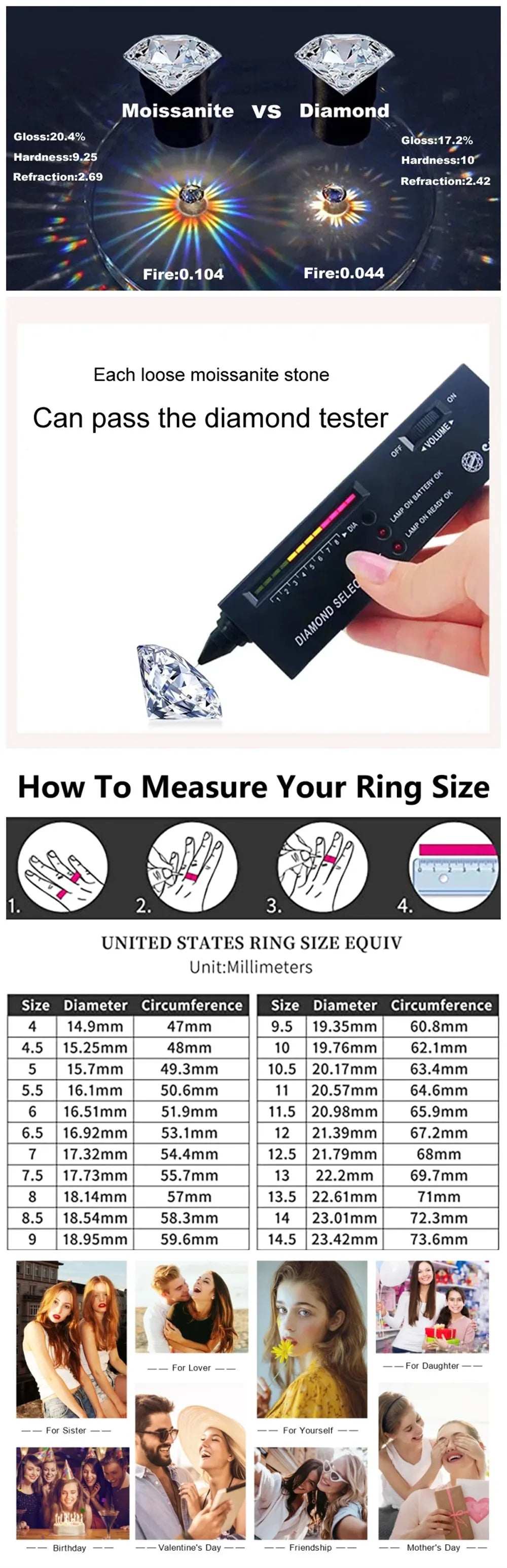 BagueRingen-Ensembles de bijoux Moissanite, Boucles d'oreilles, Bague, Collier, Argent regardé 100%, ixde mariage, Cadeaux pour les travailleurs, 1ct, Document D, 925
