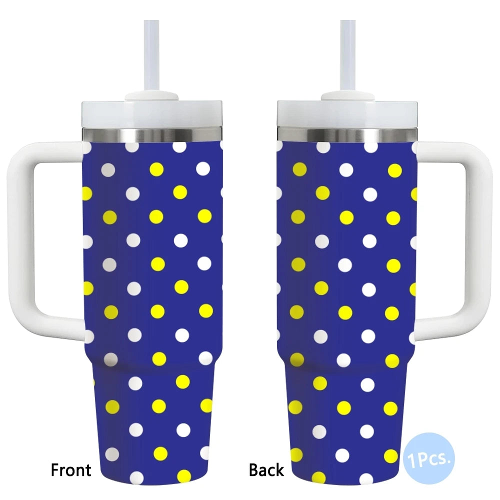 Gobelet isotherme en acier inoxydable 40oz à motif pois, avec poignée et paille, anti-fuite, pour voyage