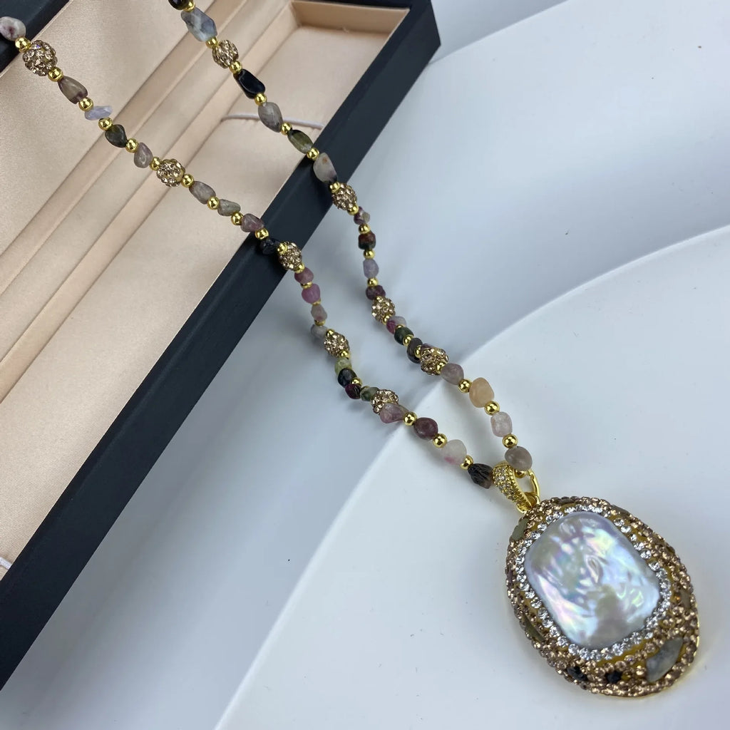 Ensemble de bijoux en perles d'eau douce, nouveau Design, strass et pierres précieuses brutes, grandes perles d'eau douce, collier et boucles d'oreilles, en forme d'écorce