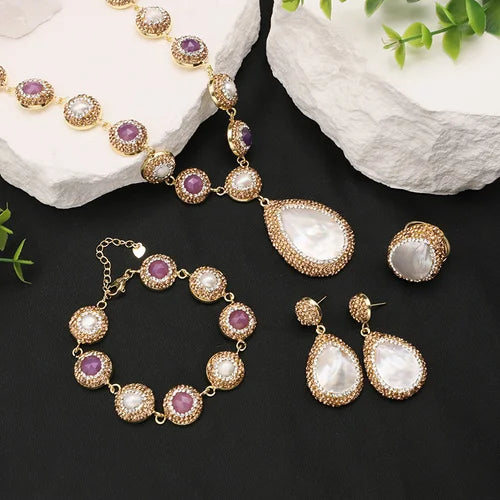 Parure de bijoux pour femmes en perles baroques naturelles, collier, bracelet, boucles d'oreilles, bague, ensemble élégant de luxe pour femmes, cadeaux GS0201