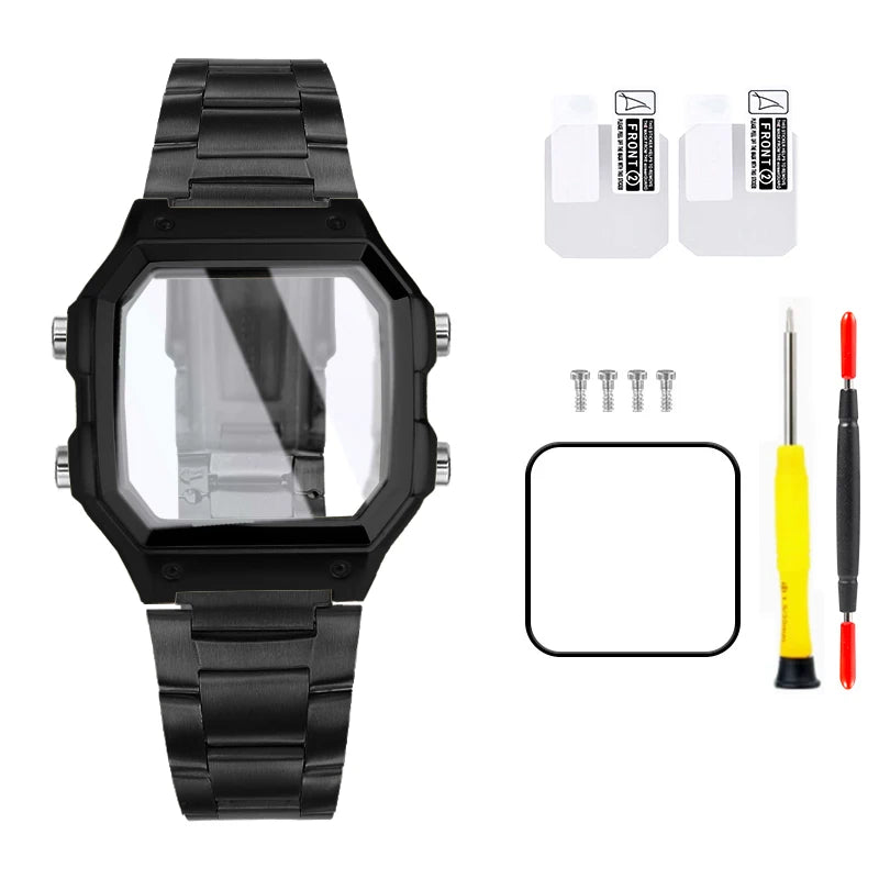 18mm AE1200 Bracelet en acier inoxydable Bracelet qualité boîtier en acier lunette argent noir or boîtier en métal HD verre AE-1200 1300 Mod kit