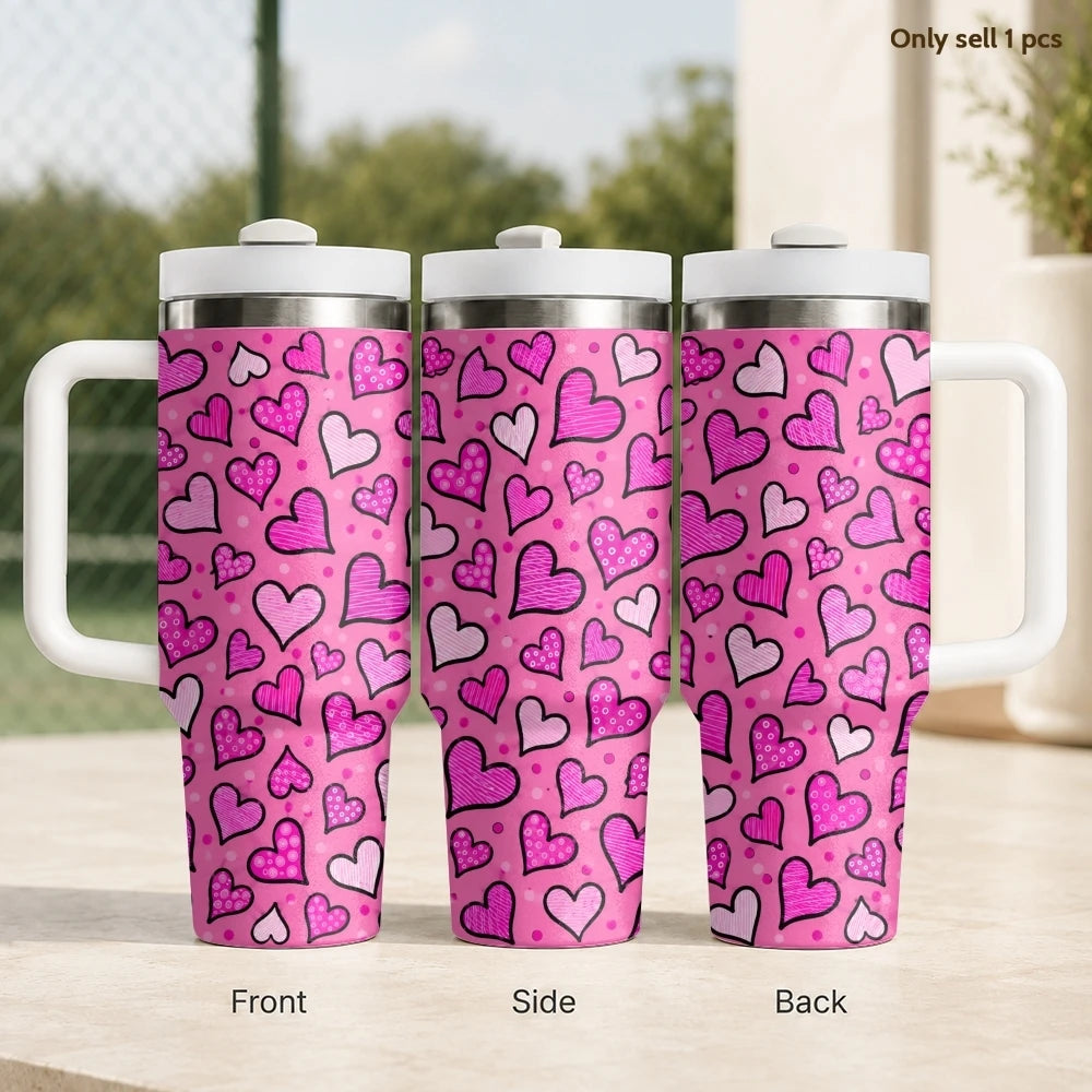 Gobelet isotherme en acier inoxydable de 40 oz avec poignée et paille, motif cœurs pastel, anti-fuite, pour voyage