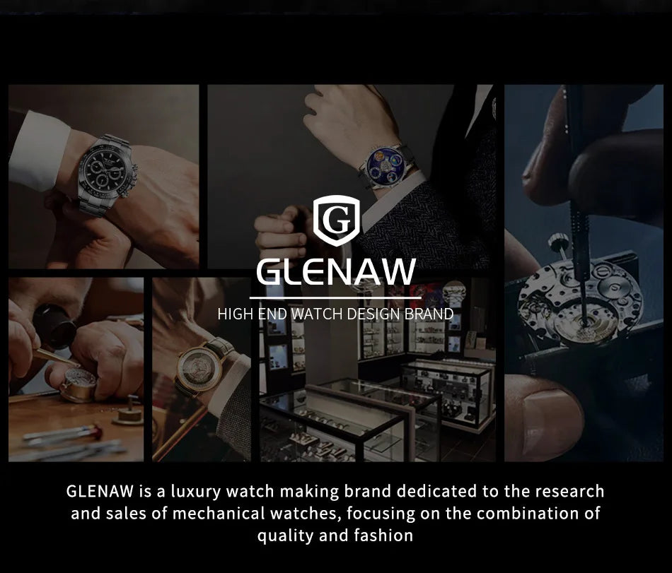 Montre Homme GLENAW Design de marque originale Montre mécanique cadran de lune pointeur de vaisseau spatial lumineux Montre en acier inoxydable pour hommes