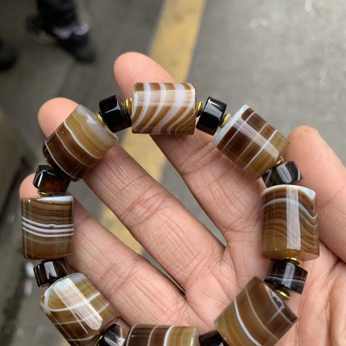 Bracelet pour homme en perles d'agate naturelle enveloppées de soie, style ethnique, avec perles en forme de seau, fait main, Passepartout