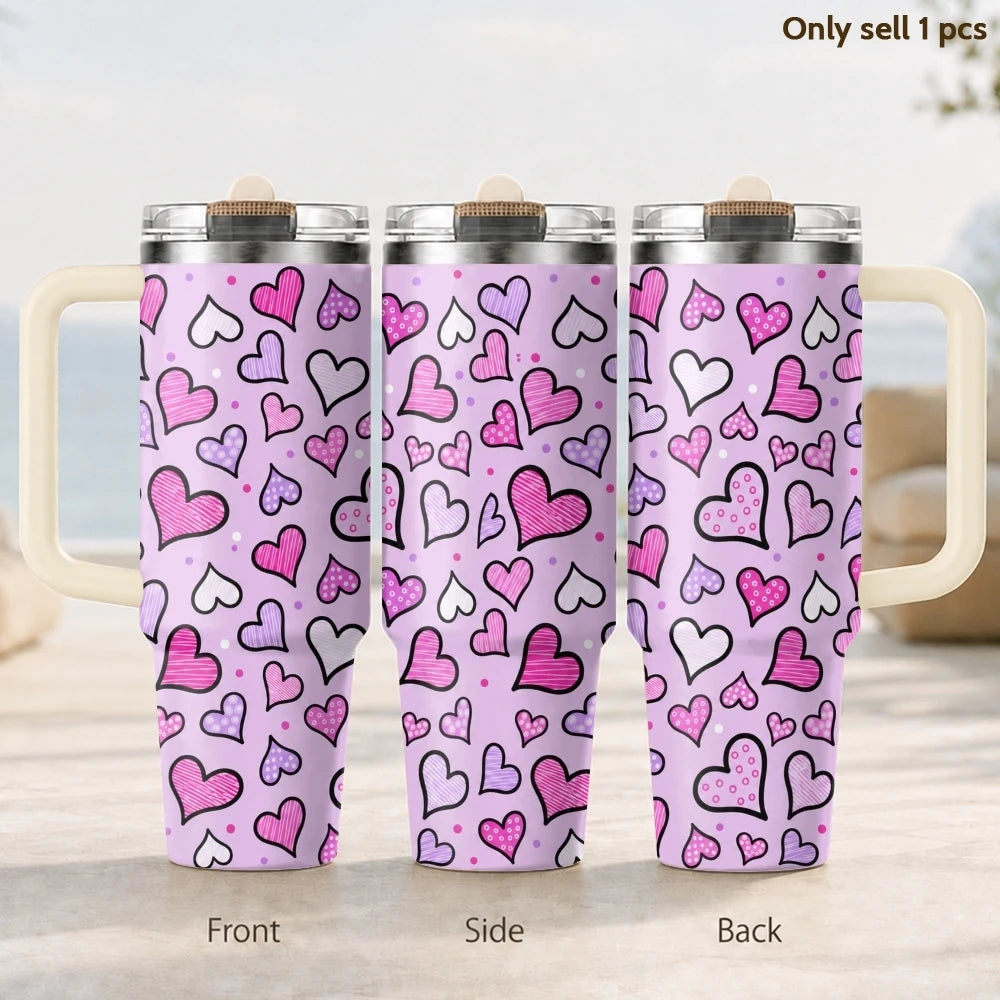 Gobelet isotherme en acier inoxydable de 40 oz, 3ème génération, avec motifs cœurs pastel, poignée et couvercle à paille, idéal pour les cadeaux