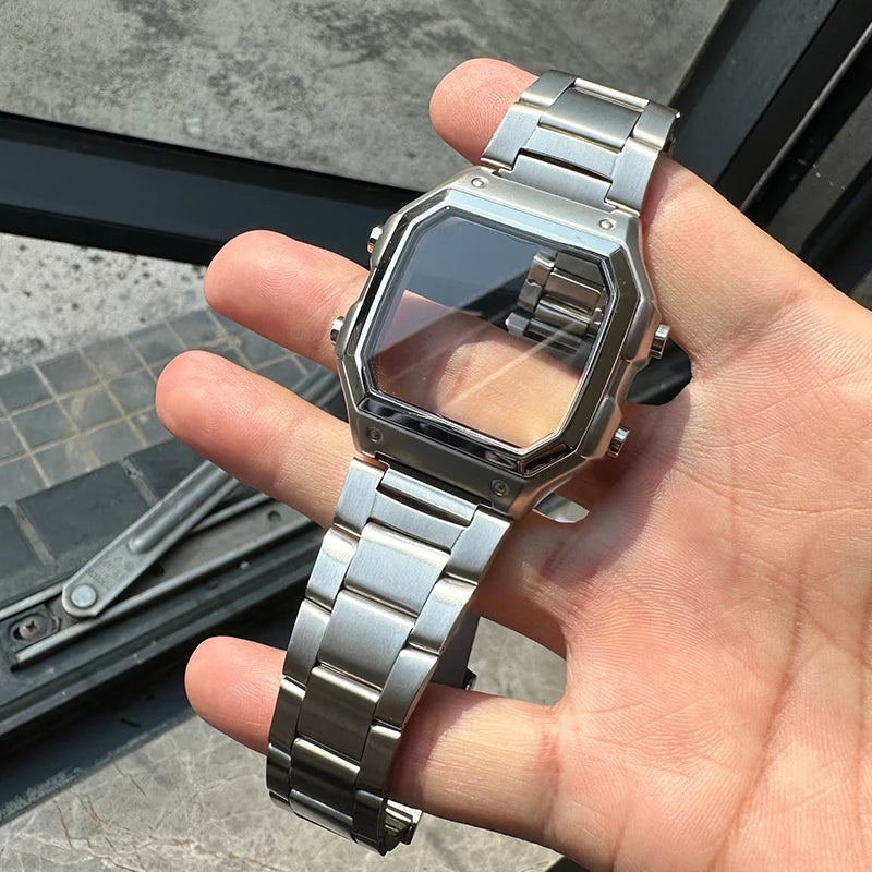 18mm AE1200 Bracelet en acier inoxydable Bracelet qualité boîtier en acier lunette argent noir or boîtier en métal HD verre AE-1200 1300 Mod kit